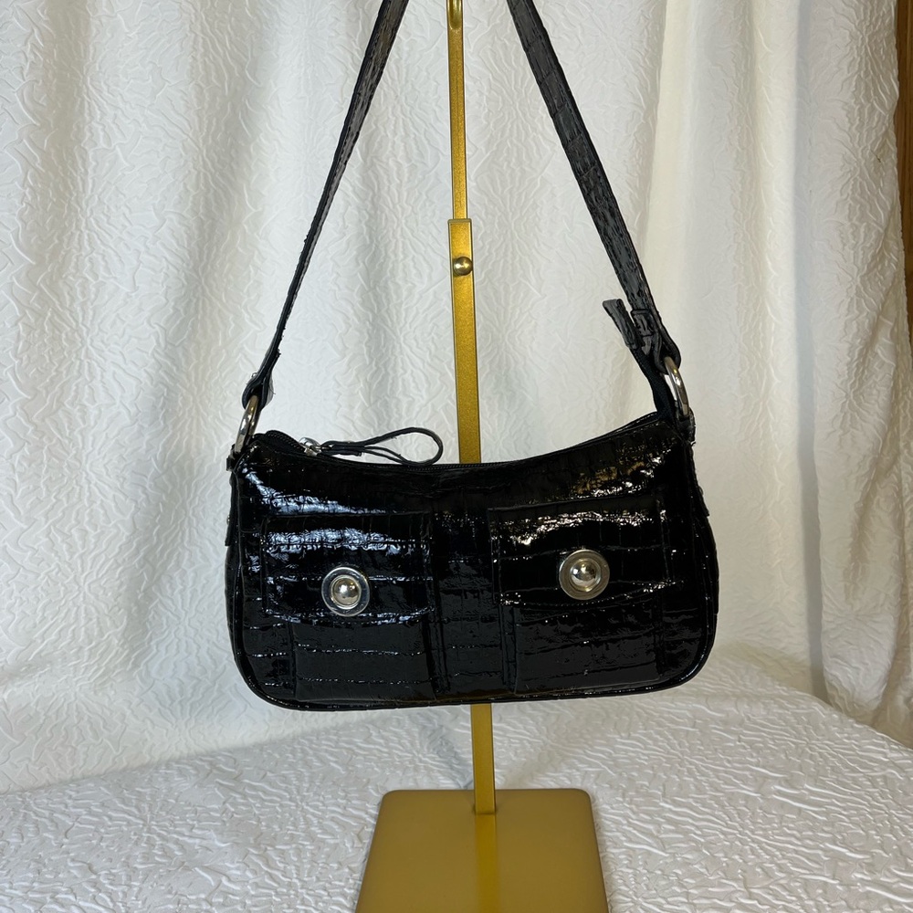 XOXO Shiny Black Croc-Embossed Shoulder Bag
